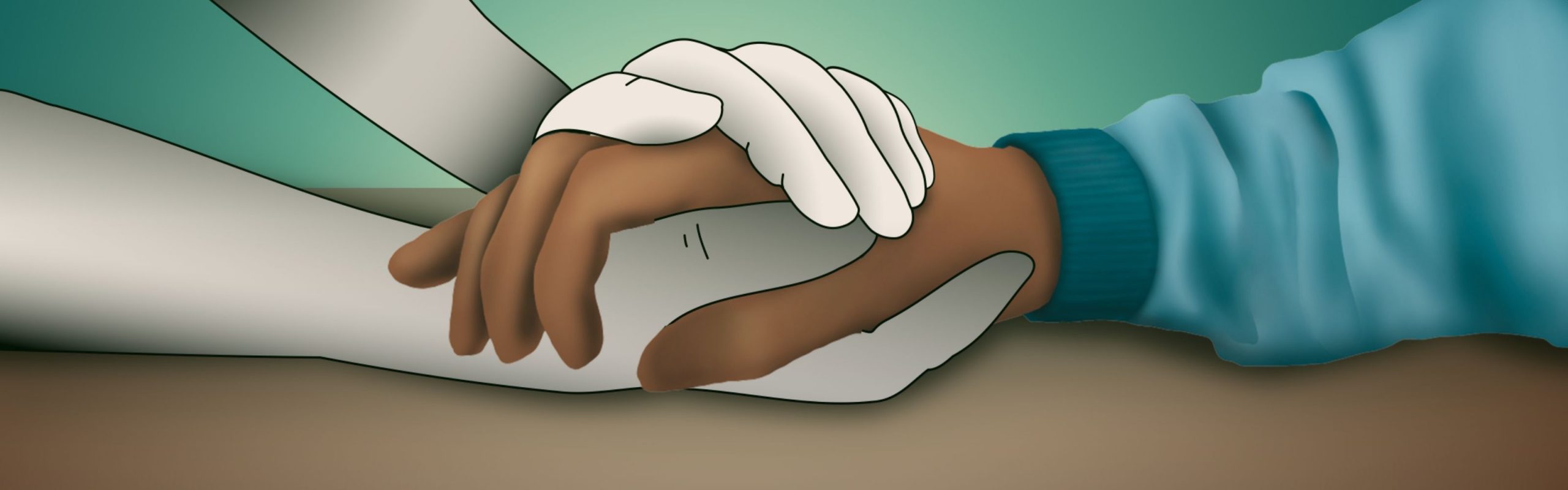 An illustrated depiction of a pair of hands holding another hand compassionately