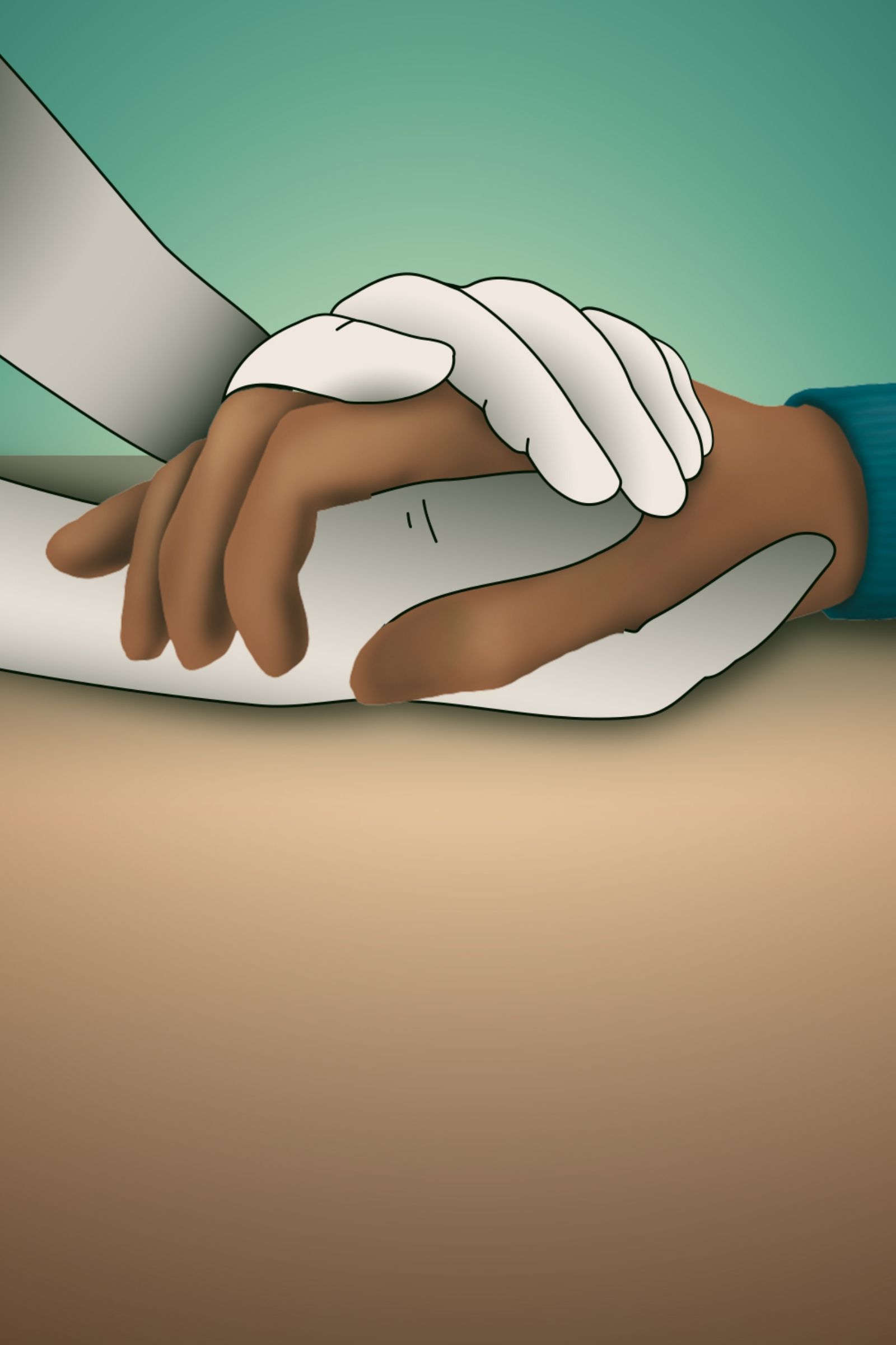 An illustrated depiction of a pair of hands holding another hand compassionately