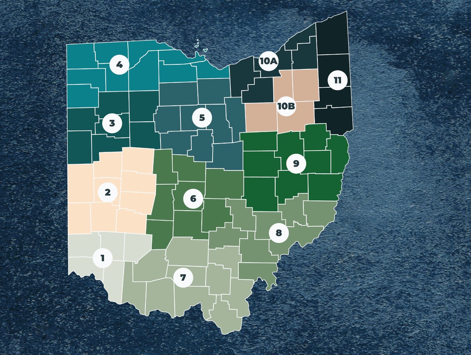 Map of Ohio showing 12 Area Agencies of Aging regions